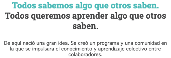 Todos sabemos algo que otros saben. Todos queremos aprender algo que otros saben. De aquí nació una gran idea. Se creó un programa y una comunidad en la que se impulsara el conocimiento y aprendizaje colectivo entre colaboradores.