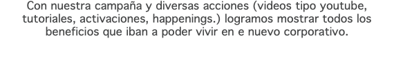 Con nuestra campaña y diversas acciones (videos tipo youtube, tutoriales, activaciones, happenings.) logramos mostrar todos los beneficios que iban a poder vivir en e nuevo corporativo. 