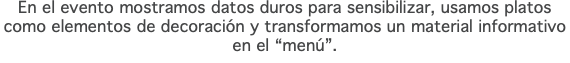 En el evento mostramos datos duros para sensibilizar, usamos platos  como elementos de decoración y transformamos un material informativo  en el “menú”.