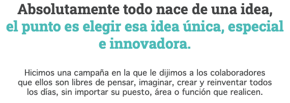 Absolutamente todo nace de una idea, el punto es elegir esa idea única, especial e innovadora. Hicimos una campaña en la que le dijimos a los colaboradores que ellos son libres de pensar, imaginar, crear y reinventar todos los días, sin importar su puesto, área o función que realicen.