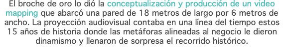 El broche de oro lo dió la conceptualización y producción de un video mapping que abarcó una pared de 18 metros de largo por 6 metros de ancho. La proyección audiovisual contaba en una línea del tiempo estos 15 años de historia donde las metáforas alineadas al negocio le dieron dinamismo y llenaron de sorpresa el recorrido histórico. 