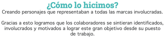 ¿Cómo lo hicimos? Creando personajes que representaban a todas las marcas involucradas. Gracias a esto logramos que los colaboradores se sintieran identificados, involucrados y motivados a lograr este gran objetivo desde su puesto de trabajo.